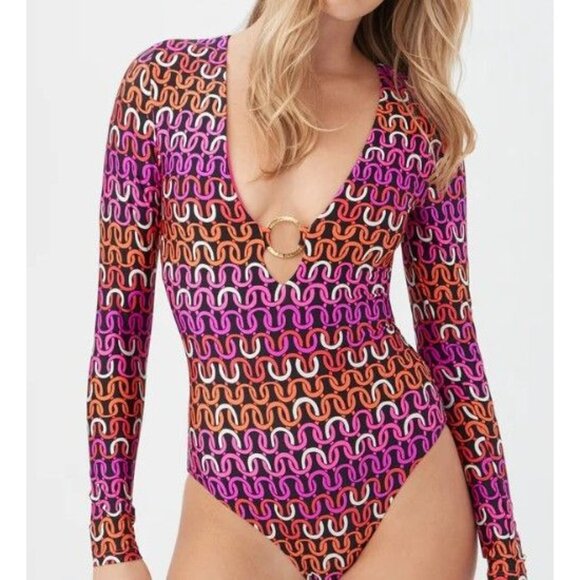Trina Turk Women’s Size M Echo Long Sleeve Ring Front One Piece Swimsuit NEW - Picture 2 of 9
